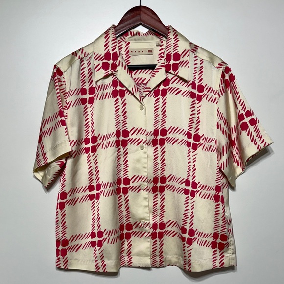 Marni x Uniqlo Tops - Marni x Uniqlo Oversized Open Collar Short Sleeve Shirt in Fuchsia and Ivory